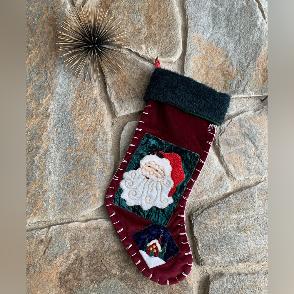 Burgundy and green santa patch Christmas stocking